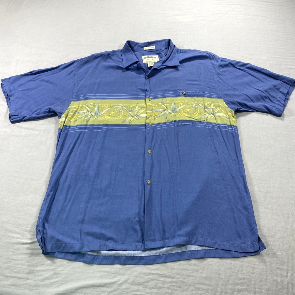 VINTAGE Bamboo Cay Shirt Mens XL Blue Green Floral Hawaiian Rayon Button Up Camp